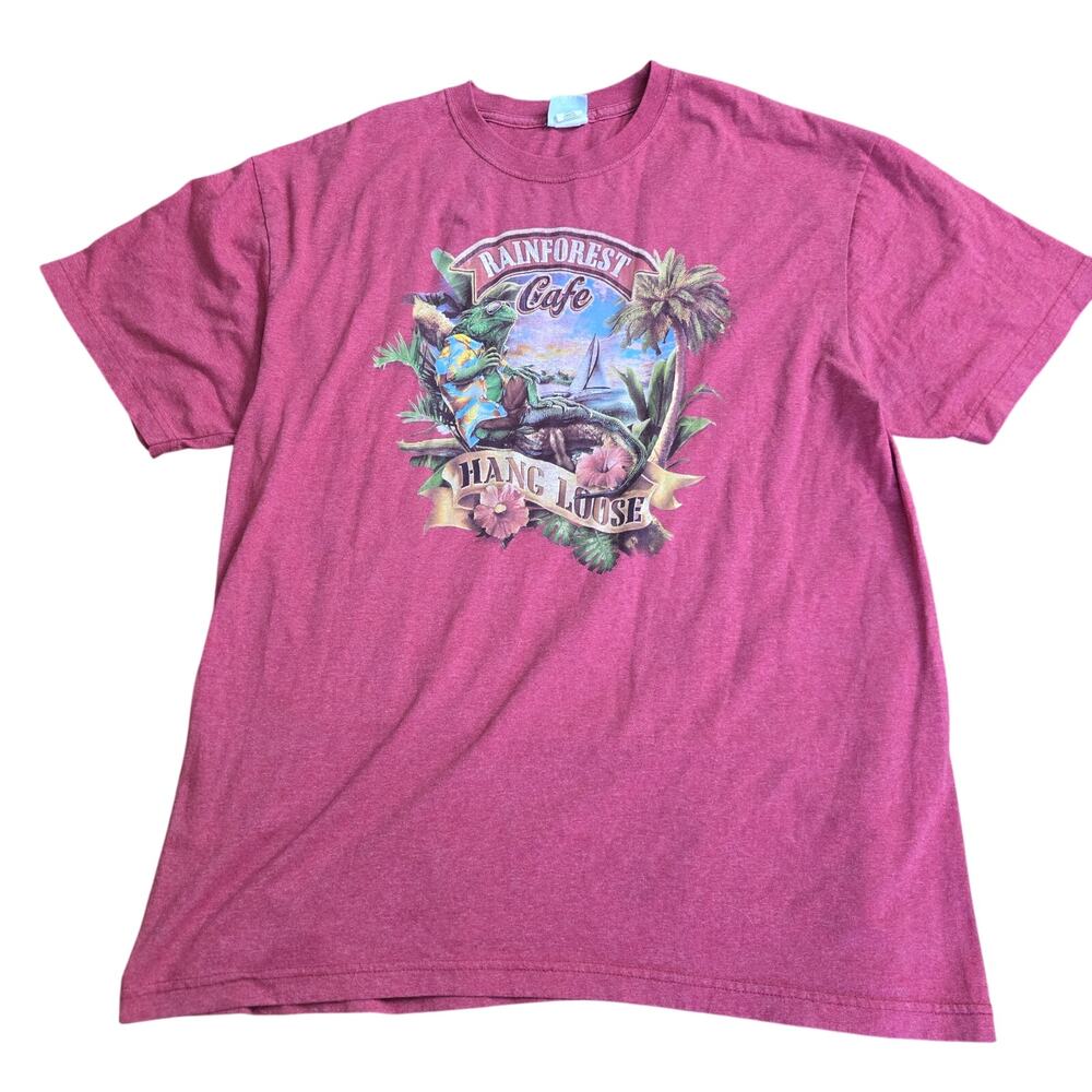 Rainforest Cafe Mens Vintage Red Hawaiian Lizard Hang Loose Graphic T-Shirt 2XL
